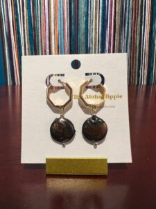 Golden hive huggie earrings (fresh water moon pearls), photo 2