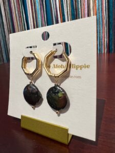 Golden hive huggie earrings (fresh water moon pearls), photo 3