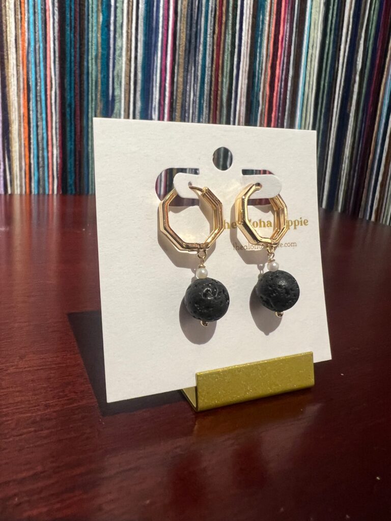 Golden hive huggie earrings (ele’ele lava rock + pearls) by Aloha Hippie