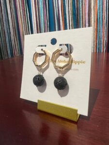 Golden hive huggie earrings (ele’ele lava rock + pearls), photo 3