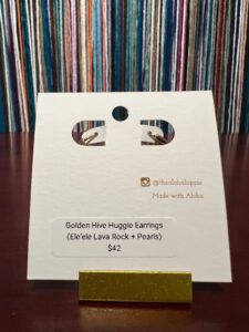 Golden hive huggie earrings (ele’ele lava rock + pearls), photo 4
